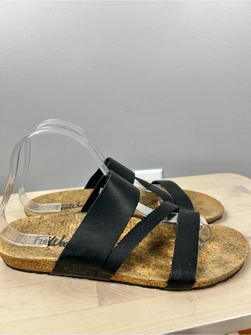 FARWest Women's‎ Black Leather Cork Footbed Slide Sandals 9 Casual Comfort Beach